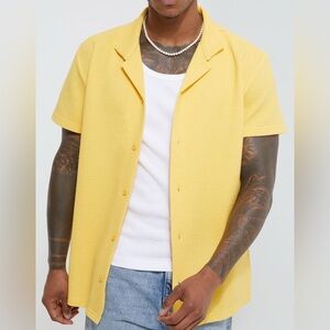 Yellow Button-Up Shirt Short Sleeve Perforated Texture Jersey Shirt
